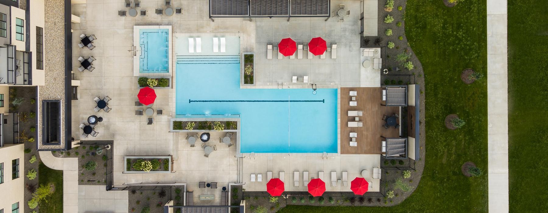 a top down view of a resort style pool